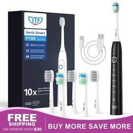 JTF Sonic Electric Toothbrush for Adults - Rechargeable Electric Toothbrushes with 6 Brush Heads & Holder,  Power Electric Toothbrush with Holder, 3 Hours Charge for 45 Days rechargeable toothbrush - Color: black