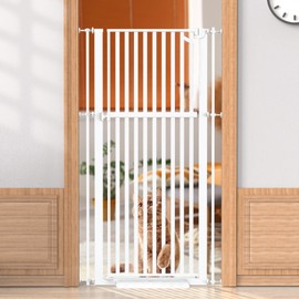 Senneny 63” Extra Tall Cat Gate Auto Close & One-Hand Open, No Drilling Pressure Mounted Kits and Wall Mounted Kits, Metal Pet Gate Fits Openings 29.5” to 33.4” Wide, White