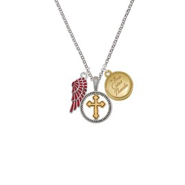 Delight Jewelry Silvertone Medium Translucent Red Angel Wing Two-tone Give Thanks to God Cross Pendant Necklace, 23"