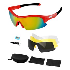 Hurdilen Polarized Kids Cycling Sunglasses, Youth Baseball Sunglasses for Boys Girls Age 8-14, 4 UV Interchangeable Lenses, Lightweight Sun Glasses for Baseball, Softball, Sports (Red)