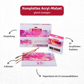 Talens Art Creation - Acrylic Paints and Paper Set - Combination Set - Painting Set - Painting for Beginners - Creative Set for Adults - 3 Brushes Included - 12 x 12 ml