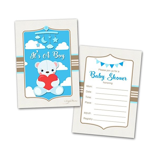 Baby Shower Cards for Boy. 20 Count with Envelopes. Teddy Bear Baby Shower Invites, Party Invitations "it's a boy"