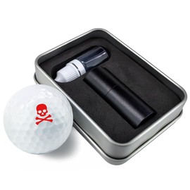 Golf Ball Marker Stamp with TiteSeal™ Technology - Skull - Metallic Box with Golf Ball Stamp + Refill Ink Bottle - Red