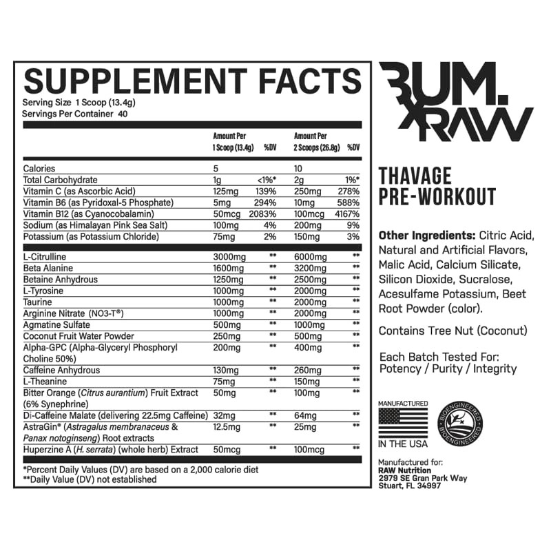 RAW PRE ENTRENO CBUM THAVAGE PRE-WORKOUT 40 SERVICIOS SABOR ROCKET
