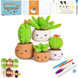 XIANFANG DIY Knitting Supplies Kit for Kids with Step-by-Step Video Tutorials 4 Pattern - Plants Family Learn to Crochet Cute Cactus Starter Kit for Beginners