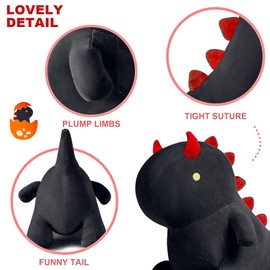 shownicer Plush Toy Dinosaur, Cuddly Stuffed Toy, Kawaii Dino, Plush Cushion Doll, Throw Pillow, for Children, Girls, Boys, Black, 35 cm