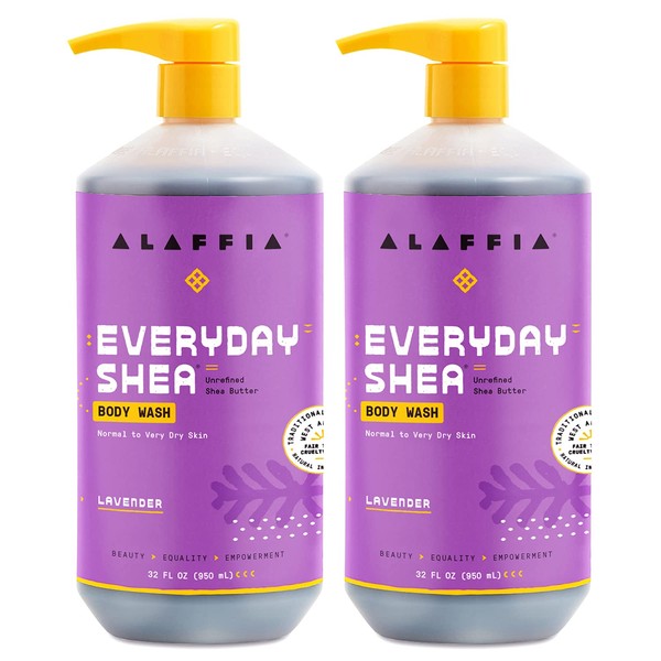Alaffia Everyday Shea Body Wash, Shea Butter, Neem, and Coconut Oil, Lavender, 2 Pack - 32 Fl Oz Ea