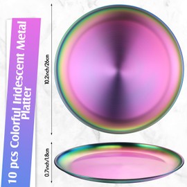 Domensi 10 Pieces Stainless Steel Rainbow Plates 10.2 Inches Reusable Metal Plates Round Dinner Dishes Colorful Unbreakable Metal Platter for Camping Party Picnic BBQ Dessert Salad
