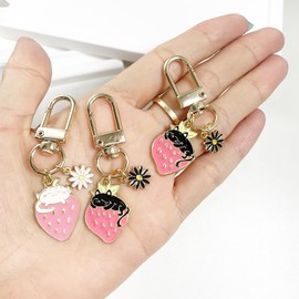 SWJEWEL Mini Strawberry Cat Keychain 3pcs Set Black White Pink Small Key Chain for Women Bag Charm Car Key Ring Pendant Purse Backpack Handbag Case Decoration