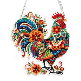 AIRDEA Roosters Diamond Painting Hanging Kits for Adult Jewels and Flowers Special Shaped Diamond Art Pendant 7.75x7.18in Window Pendant Ornament