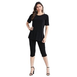 Jostar Women's 2 Piece Set – Short Sleeve T Shirts Top and Capri Pants with Side Slit Solid Casual Outfit Black