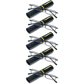 REAVEE 5 Pack Slim Portable Reading Glasses for Men Women, Computer Blue Light Blocking Small Readers Metal Frame Spring Hinge with Pocket Compact Pen Case, Black 2.25