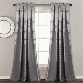 Lush Decor Stripe Medallion Curtains Fabric Mandala Bohemian Damask Print Light Filtering Window Panel Set for Living, Dining, Bedroom (Pair), 84"L x 52"W, Gray & White