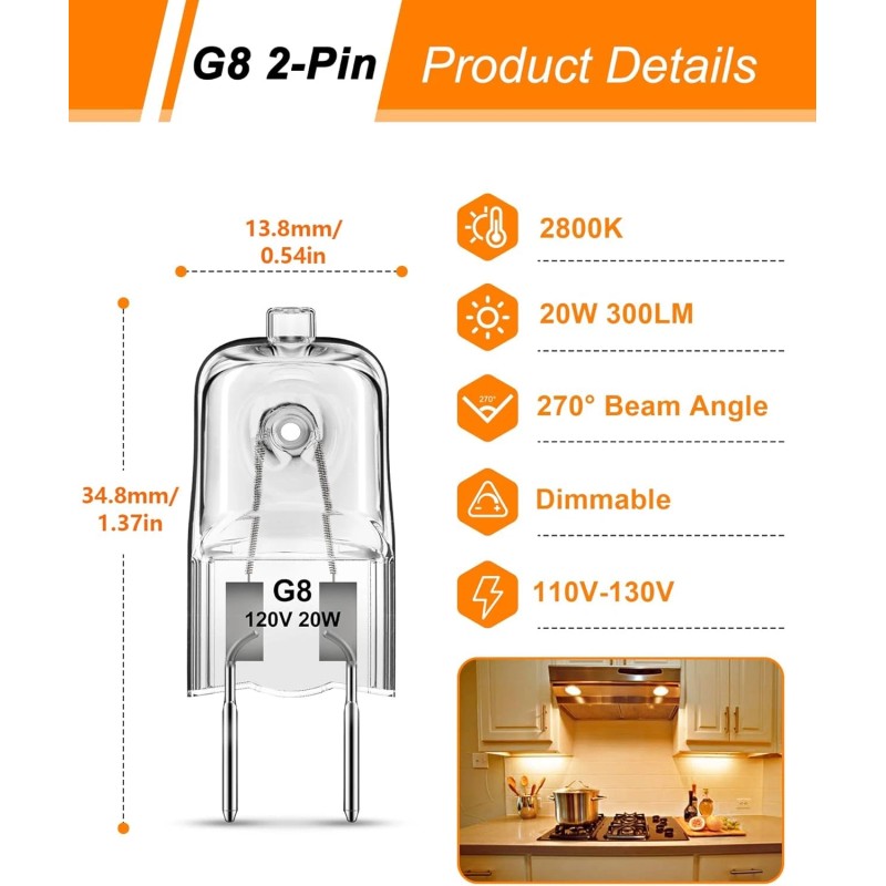 Flaspar G8 Light Bulbs, 20W Bi-Pin Base, 6 Pack 20W,