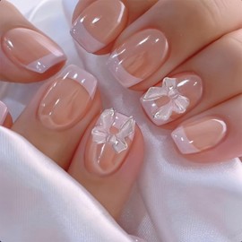 Square Press on Nails Medium Pink French Tip Fake Nails Cute False Nails with Bow Designs Full Cover Stick on Nails Glossy Glue on Nails for Women Girls 24Pcs