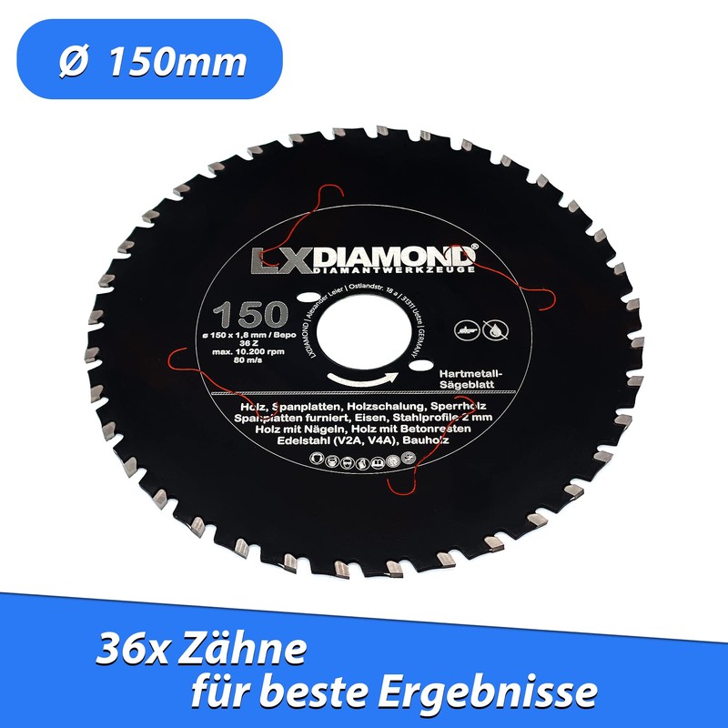 LXDIAMOND Carbide Saw Blade 150 mm for Wood, Metal, Steel