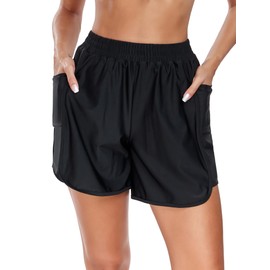 RELLECIGA Women's Swim Board Shorts High Waisted Swimming Bottom with Liner, Black, X-Large