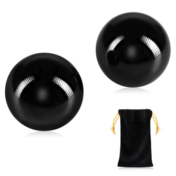 Learay 2PCS Black Obsidian Baoding Balls, Chinese Health Exercise Massage Balls with Carry Pouch for Stress Relief Hand Exercise Balls (Black, 2 inch)