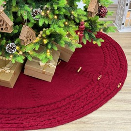 72-Inch Cable Sweater Knit Christmas Tree Skirt with Wooden Toggles, Burgundy