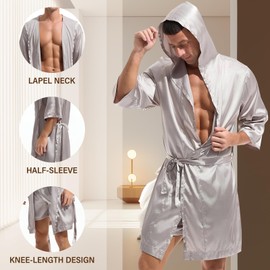 Amy Coulee Mens Satin Robe Set Lightweight Bathrobes with Shorts Silky Half Sleeve Pajamas Robes with Hooded (Gray, L)