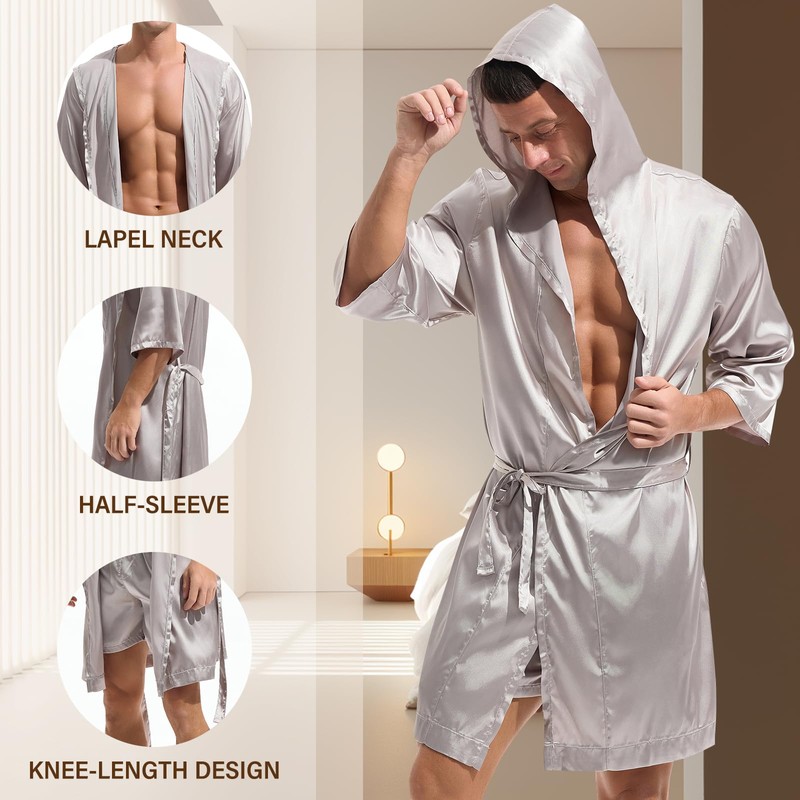 Amy Coulee Mens Satin Robe Set Lightweight Bathrobes with Shorts
