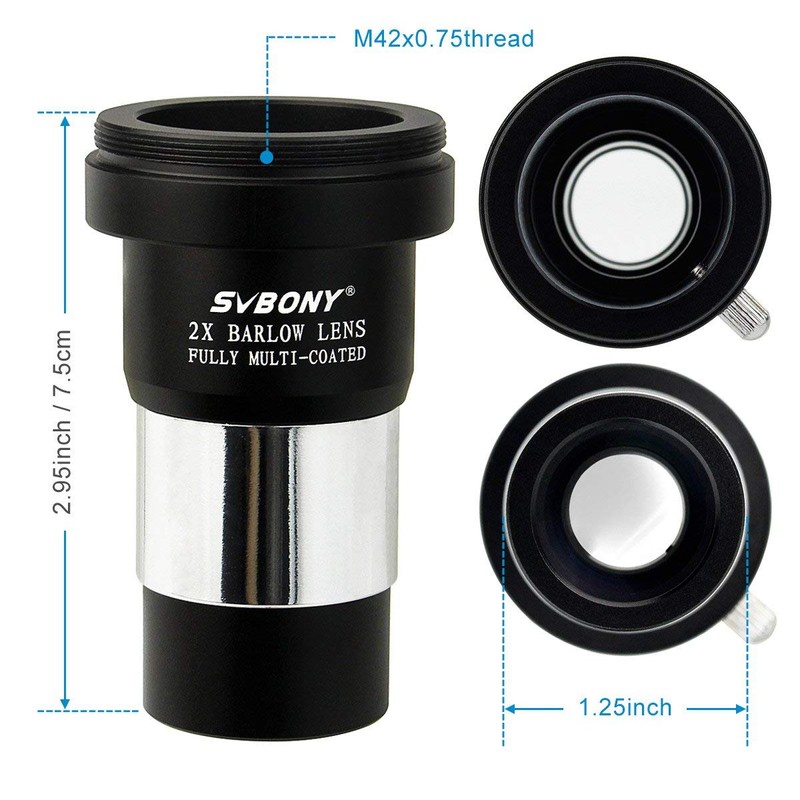 SVBONY Barlow Lens 2X, 1.25 inch Barlow Lens with Multi