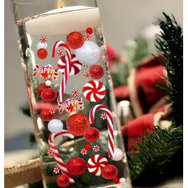 50 Floating Christmas Red and White Candy Canes Peppermints Candy Pearls For Vases-Large Sizes-With 3 Submersible Warm White Fairy Lights-Fills 4 Medium Size Vases-With Measured Floating Gels Kit