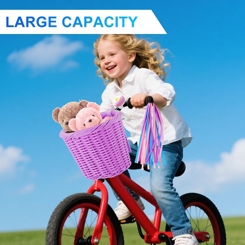 Fouvin Children's Bicycle Basket, Braided, Front, Removable, with Bells, Streamers,