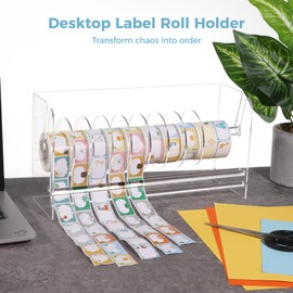 Clear Label Roll Holder, Transparent Acrylic Tape Dispenser, Adjustable Desktop Sticker Roll Holder for Office and Home, Adjustable Sticker Roll Holder with 8 Removable Divider Disks