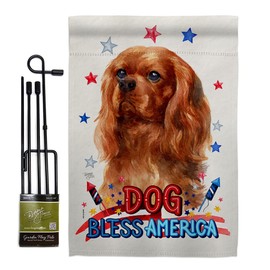 Breeze Decor Patriotic Ruby Cavalier King Spaniel Garden Flag Set with Stand Animals Dog Puppy Spoiled Paw Canine Fur Pet Nature Farm Animal Creature Small Gift Yard House Banner 13 X 18.5