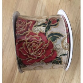 Victorian Romance Rose Red Roses Gold Glitter Wired Edge Ribbon 2.5" Roll 6 Yards (18 Feet) NEW!