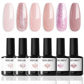 modelones- Modelones Gel Nail Polish, Set de 6 esmaltes de uñas en gel de color rosa nude, esmalte de uñas con purpurina rosa neutro                  