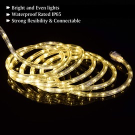 ollrieu 50ft 360 LED Rope Lights, 110V Warm White 3000K, Waterproof Classic Clear Rope, Indoor/Outdoor, Patio, Flexible, Linkable, Durable