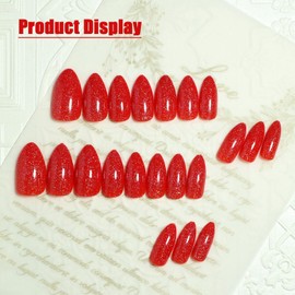 Red UV Press on Nails Medium Almond Shape, Fake Nails with Sparkly Designs, Glossy Bright Red Glitter False Nails Gel Nails Full Cover Acrylic Nails with Glue Stick on Artificial Fingernails for Women