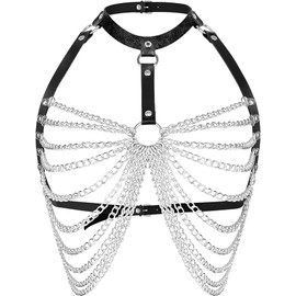 Women's Punk Choker Layered Chest Chain Leather Belt Chain Body Harness Bra Party Jewelry Accessories