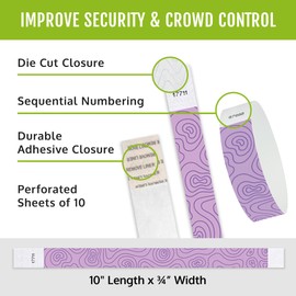 500 WristCo Purple Topographic Tyvek Wristbands for Events – Security Cuts & Tamper-Proof Design to Prevent Reuse – Premium-Grade Bracelets for Hospital & Medical ID, Party & VIP Identification