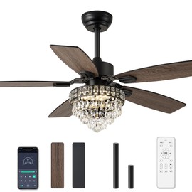 Esiovco Chandelier Ceiling Fans with Lights and Remote,42in Chandelier Fan Ceiling,Crystal Ceiling Fan Fandelier with Lights,6 Speed 3 Timer Quiet Ceiling Fan for Bedroom (Black, 52 Inch)