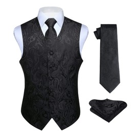 Hisdern Men's Floral Wedding Waistcoat, Tie and Handkerchief Set, Jacquard Waistcoat Suit Set, black