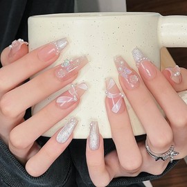 Pure Handmade Nails Press on Nail Reusable Fake Nails Nude Strap&Butterfly Bling Bling Medium Stick on Nails French Tip False Nails 10pcs (XS, Q291)