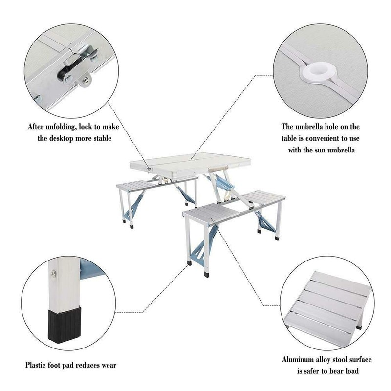 M-K Aluminum Folding Camping Picnic Table with 4 Bench Chair