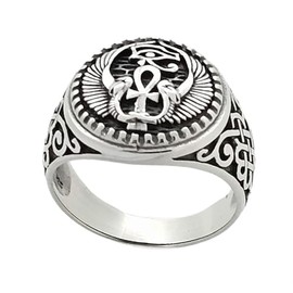 Chunky 925 Sterling Silver Ancient Egypt Eye Ring for Men - Featuring Wings Cross Design Details (T)
