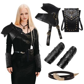 CARTLZ 5Pcs Gothic Women's Medieval Costume Set,Steampunk Viking Accessories with Adjustable Shoulder Armor,Bracers, Belt Bag