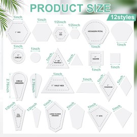 Cinnvoice 612 Pcs Patchwork Paper Piecing Supplies 12 Shapes Acrylic Patchwork Templates Set with 600 Pcs Paper Piecing for Sewing for Quilting Dresden Plate Triangle Hexagon Quilting Template (Clear)