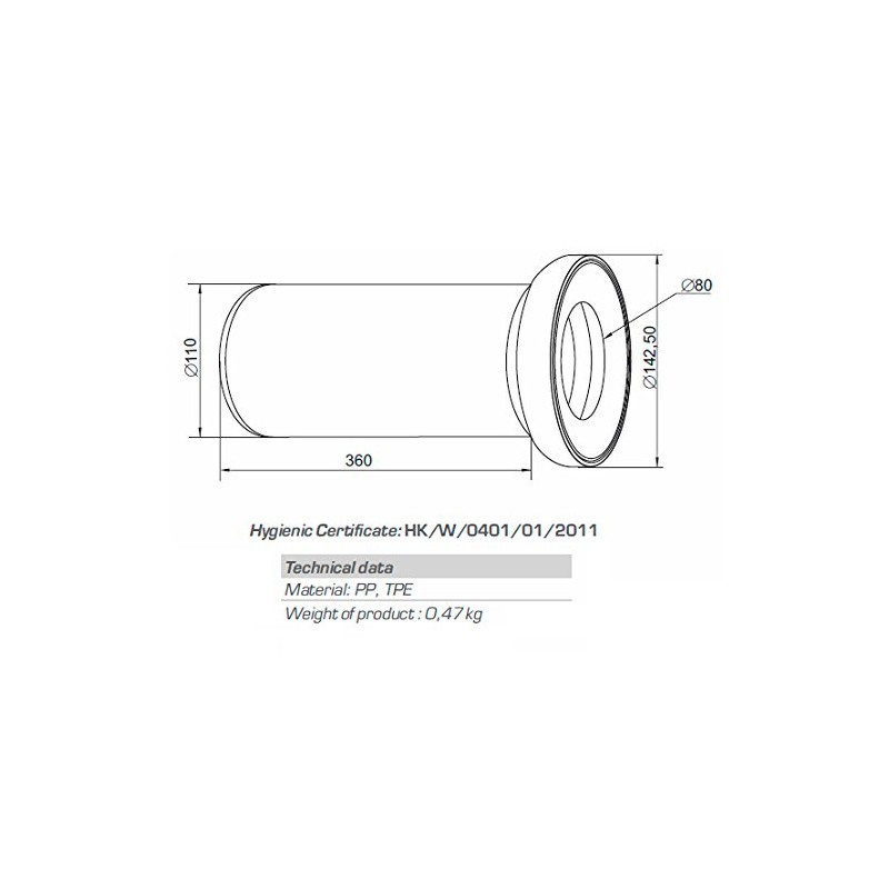400mm Long White WC Toilet Waste Water Straight Pan Connector