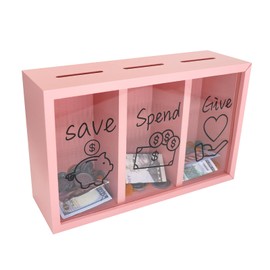 Mczcent Wooden Give Save Spend Money Saving Box for Kids, Money Coin Savings Piggy Bank Jar Box for Kid Safe Money Saver, Teach Children About Giving Saving Giving Money Piggy Box for Boys Girls, Pink