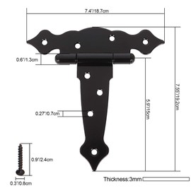 4PCS 7-1/2 Inch Tee Hinges, Heavy Duty Gate Hinges, Black T Strap Hinges for Wooden Barn Doors, T Shape Hinge Classic Shed Door Hinges Hardware for Wood Fence Swing Gate Window, with Screws