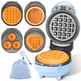 Baker's Friend 4 in 1 Mini Waffle Maker with Removable Plates, A Set of Mini Pancake Maker, Mini Donut Maker, Mini Heart Shape Waffle Maker and Small Waffle Maker, Compact Size, Recipe Included, Blue
