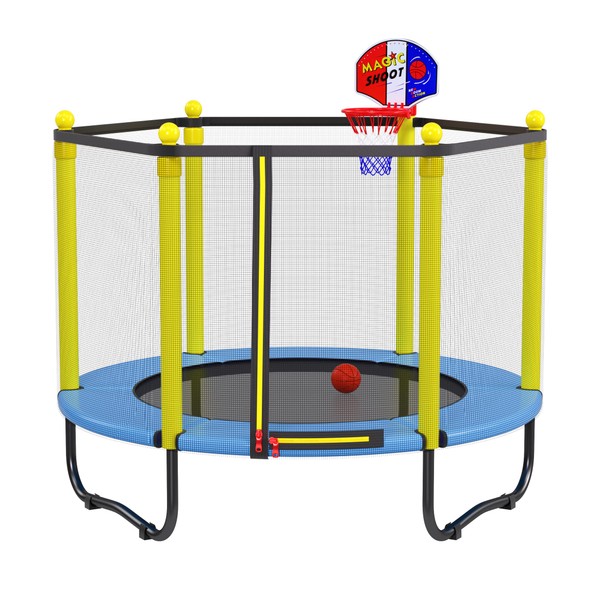 Kids Trampoline with Safety Enclosure Net - 5FT Trampoline with Basketball Hoop for Toddlers Indoor and Outdoor, Recreational Trampolines Birthday Xmas Gifts for Boy and Girl