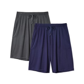 DAVID ARCHY Men's 2 Pack Soft Comfy Bamboo Rayon Sleep Shorts Lounge Wear Pajama Pants (L, Navy Blue+Dark Gray)