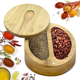 PRITOK Wooden Round Salt Box: Wooden Salt Pot with Magnetic Swivel Lid and Small Wooden Spoon, Wooden Salt and Pepper Storage Box with 2 Compartments for Kitchen Seasonings, Spices, Herbs